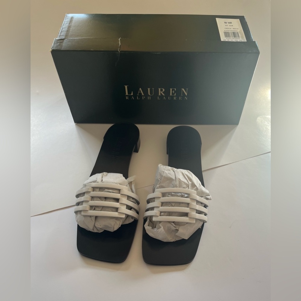 Ralph Lauren Black Footbed White Multi-Strap Slide Mules sz 7 New